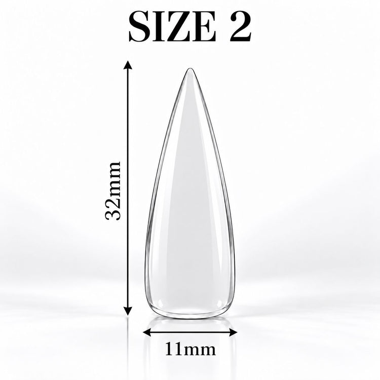 Nail Success Australia Stiletto Long soft gel tip, size 2, clear, 32 mm long x 11 mm wide