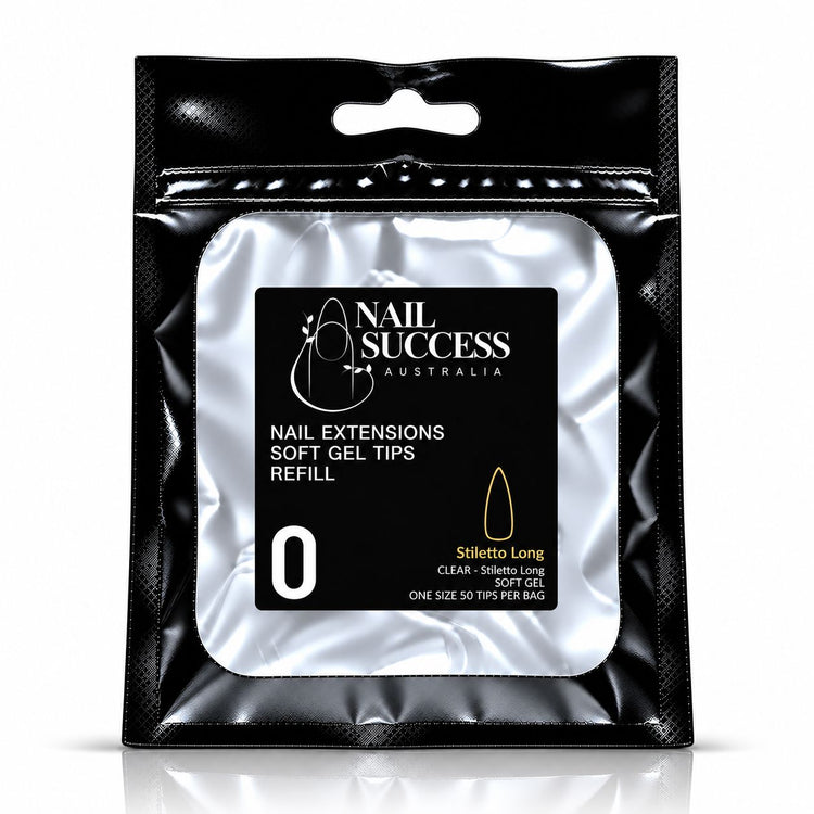Nail Success Australia Stiletto Long soft gel tips refill pouch, size 0, 50 clear tips per bag