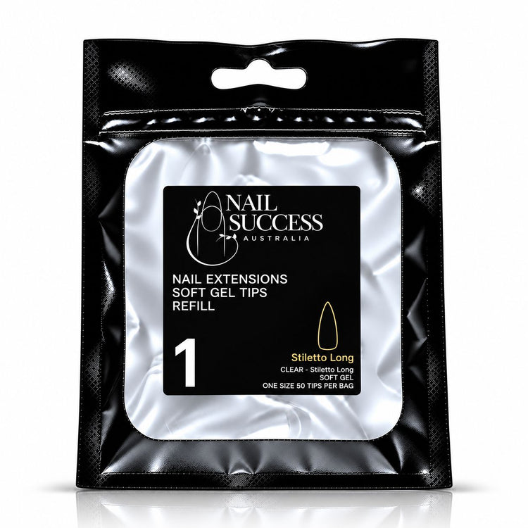 Nail Success Australia Stiletto Long soft gel tips refill pouch, size 1, 50 clear tips per bag