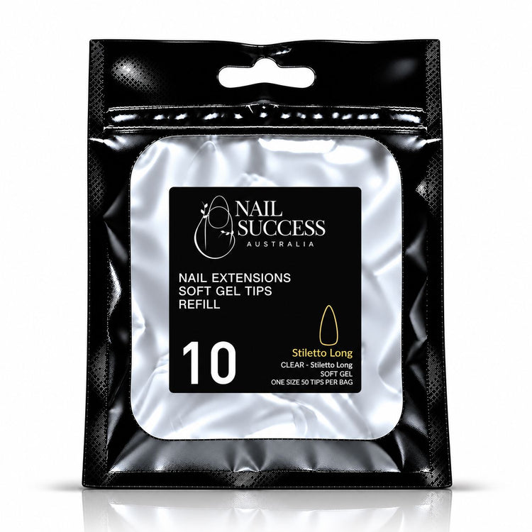 Nail Success Australia Stiletto Long soft gel tips refill pouch, size 10, 50 clear tips per bag