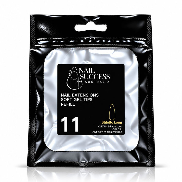 Nail Success Australia Stiletto Long soft gel tips refill pouch, size 11, 50 clear tips per bag