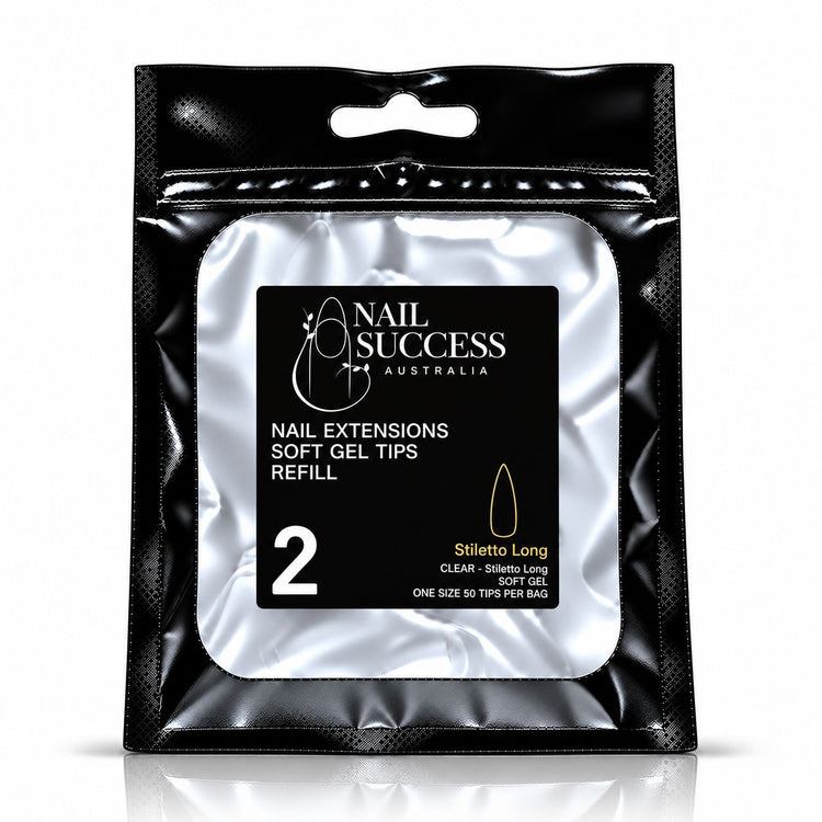 Nail Success Australia Stiletto Long soft gel tips refill pouch, size 2, 50 clear tips per bag