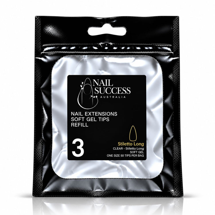 Nail Success Australia Stiletto Long soft gel tips refill pouch, size 3, 50 clear tips per bag
