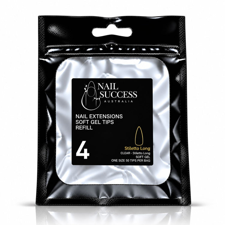 Nail Success Australia Stiletto Long soft gel tips refill pouch, size 4, 50 clear tips per bag