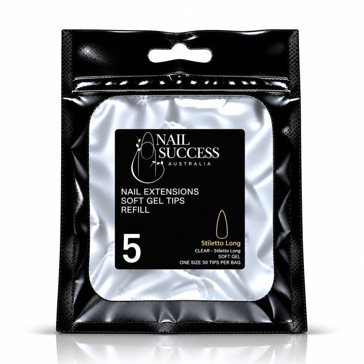 Nail Success Australia Stiletto Long soft gel tips refill pouch, size 5, 50 clear tips per bag