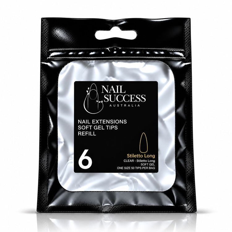 Nail Success Australia Stiletto Long soft gel tips refill pouch, size 6, 50 clear tips per bag
