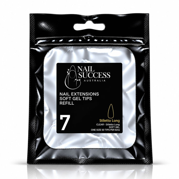 Nail Success Australia Stiletto Long soft gel tips refill pouch, size 7, 50 clear tips per bag