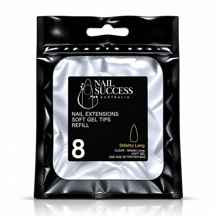 Nail Success Australia Stiletto Long soft gel tips refill pouch, size 8, 50 clear tips per bag