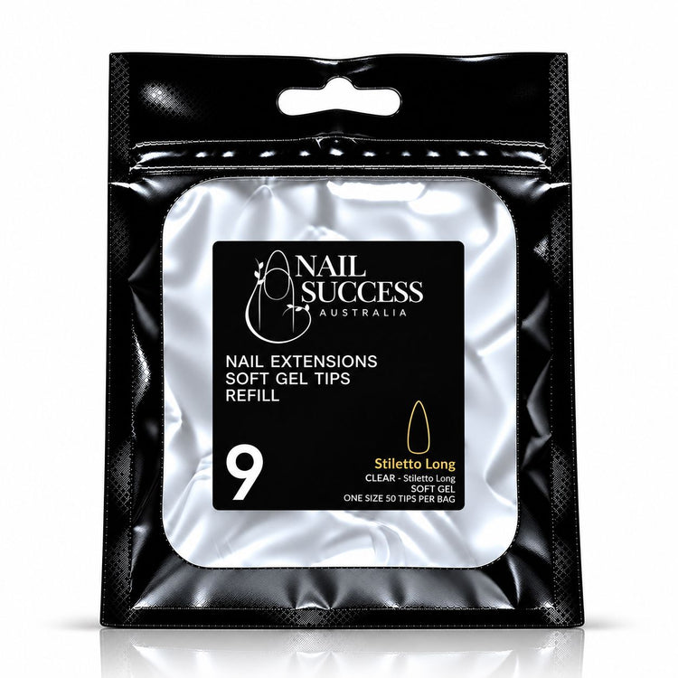 Nail Success Australia Stiletto Long soft gel tips refill pouch, size 9, 50 clear tips per bag
