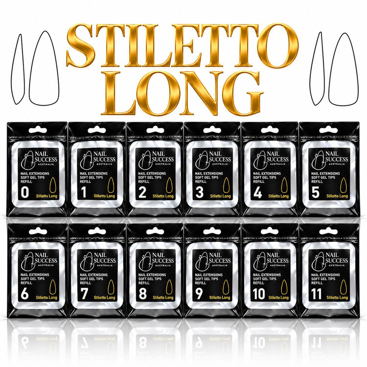 Nail Success Australia Stiletto Long soft gel tips individual refills, all 12 sizes, 0 to 11, 50 clear tips per pouch