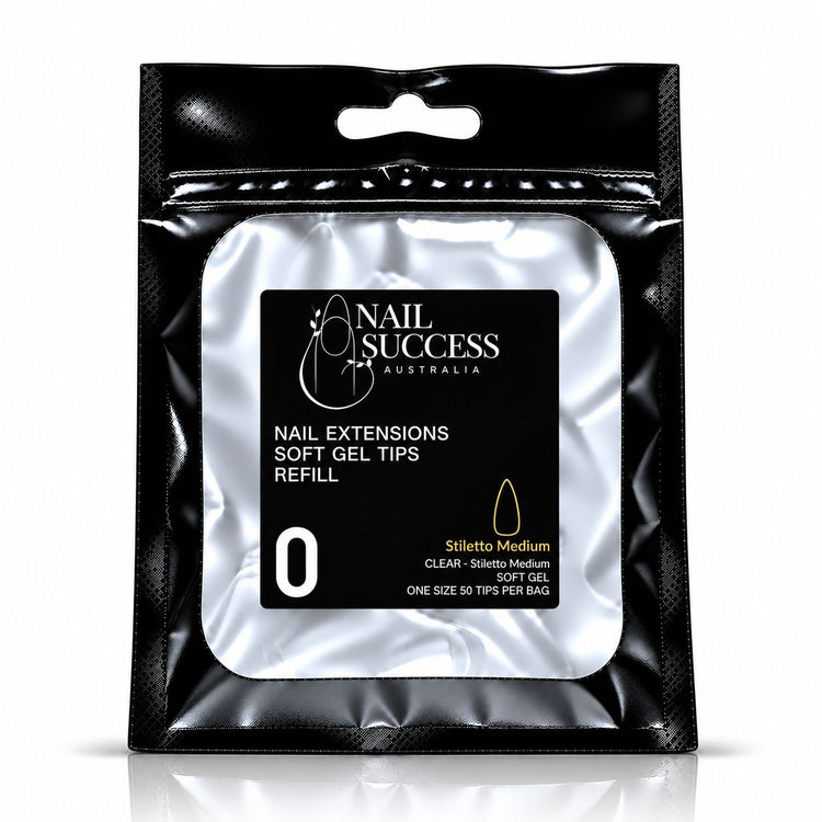 Nail Success Australia Stiletto Medium soft gel tips refill pouch, size 0, 50 clear tips per bag