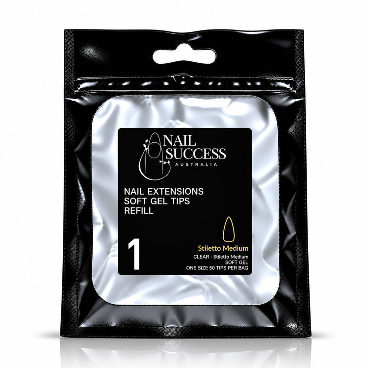 Nail Success Australia Stiletto Medium soft gel tips refill pouch, size 1, 50 clear tips per bag