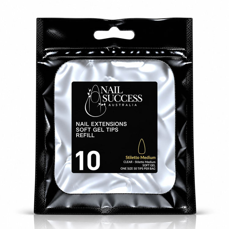 Nail Success Australia Stiletto Medium soft gel tips refill pouch, size 10, 50 clear tips per bag