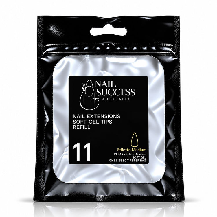 Nail Success Australia Stiletto Medium soft gel tips refill pouch, size 11, 50 clear tips per bag