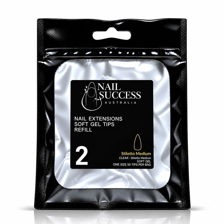 Nail Success Australia Stiletto Medium soft gel tips refill pouch, size 2, 50 clear tips per bag