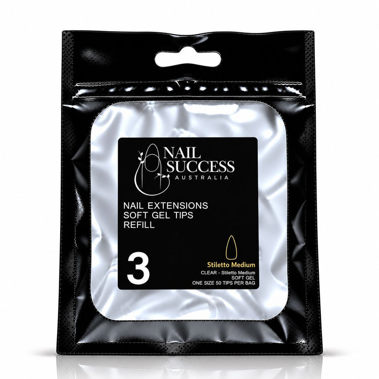 Nail Success Australia Stiletto Medium soft gel tips refill pouch, size 3, 50 clear tips per bag
