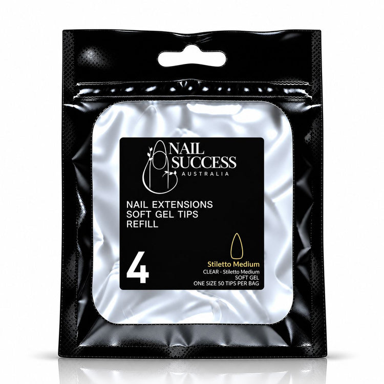 Nail Success Australia Stiletto Medium soft gel tips refill pouch, size 4, 50 clear tips per bag