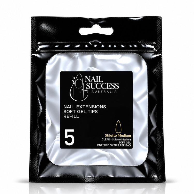 Nail Success Australia Stiletto Medium soft gel tips refill pouch, size 5, 50 clear tips per bag