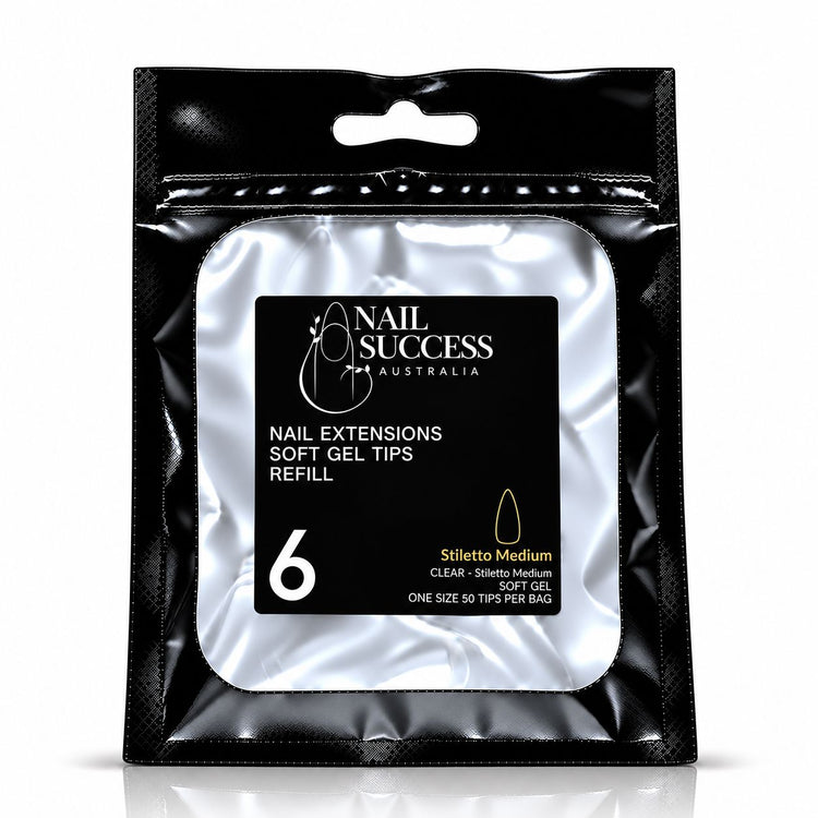 Nail Success Australia Stiletto Medium soft gel tips refill pouch, size 6, 50 clear tips per bag