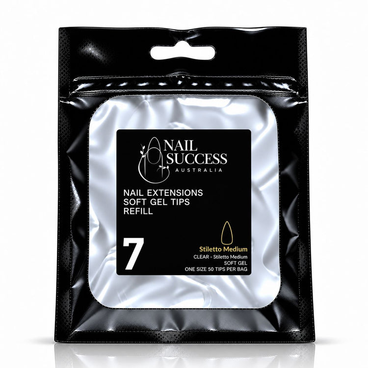 Nail Success Australia Stiletto Medium soft gel tips refill pouch, size 7, 50 clear tips per bag