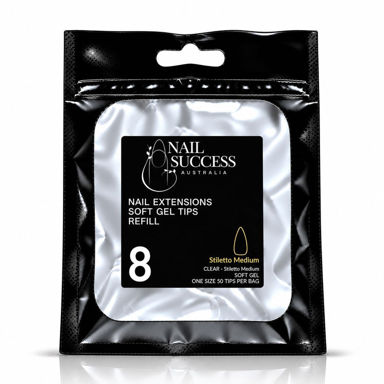 Nail Success Australia Stiletto Medium soft gel tips refill pouch, size 8, 50 clear tips per bag