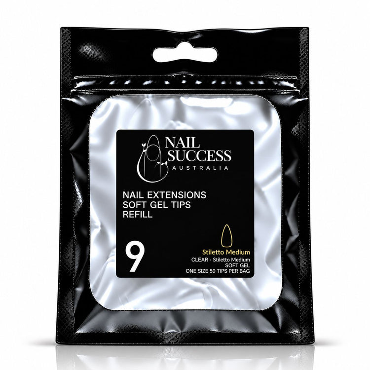 Nail Success Australia Stiletto Medium soft gel tips refill pouch, size 9, 50 clear tips per bag