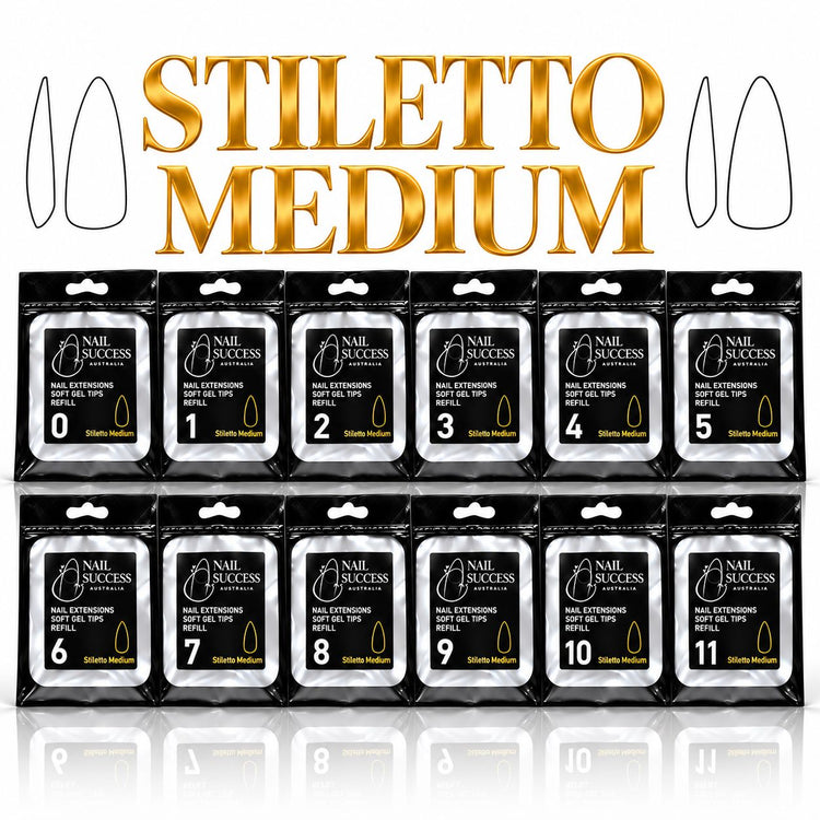 Nail Success Australia Stiletto Medium soft gel tips individual refills, all 12 sizes, 0 to 11, 50 clear tips per pouch