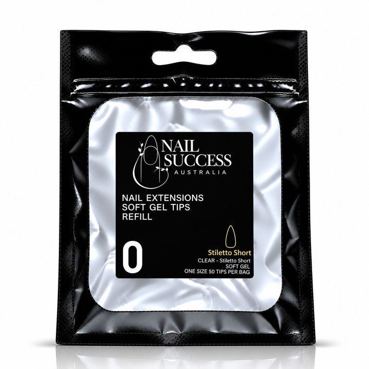 Nail Success Australia Stiletto Short soft gel tips refill pouch, size 0, 50 clear tips per bag