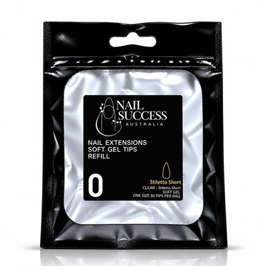 Nail Success Australia Stiletto Short soft gel tips refill pouch, size 0, 50 clear tips per bag