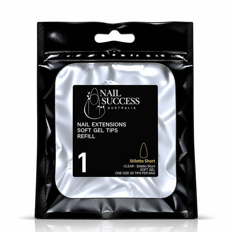 Nail Success Australia Stiletto Short soft gel tips refill pouch, size 1, 50 clear tips per bag