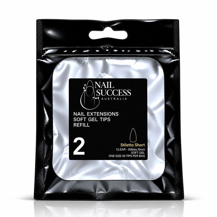 Nail Success Australia Stiletto Short soft gel tips refill pouch, size 2, 50 clear tips per bag