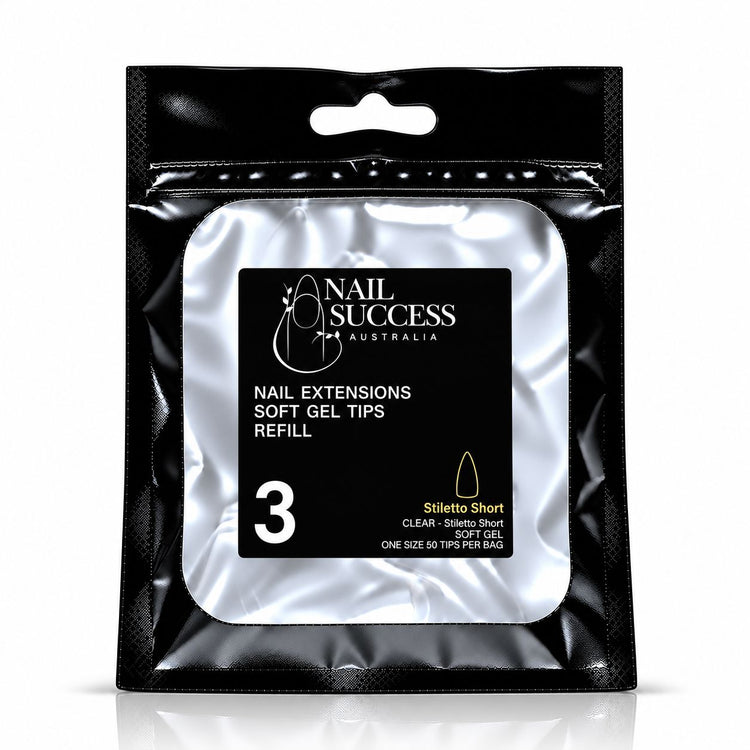Nail Success Australia Stiletto Short soft gel tips refill pouch, size 3, 50 clear tips per bag