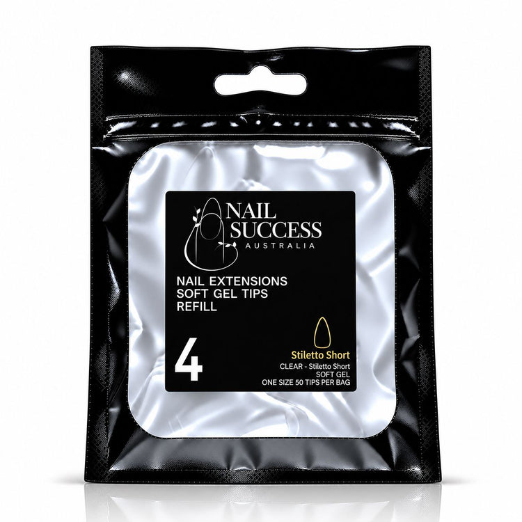 Nail Success Australia Stiletto Short soft gel tips refill pouch, size 4, 50 clear tips per bag