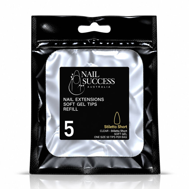Nail Success Australia Stiletto Short soft gel tips refill pouch, size 5, 50 clear tips per bag