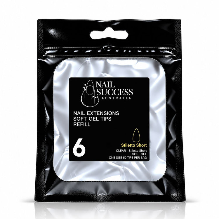 Nail Success Australia Stiletto Short soft gel tips refill pouch, size 6, 50 clear tips per bag