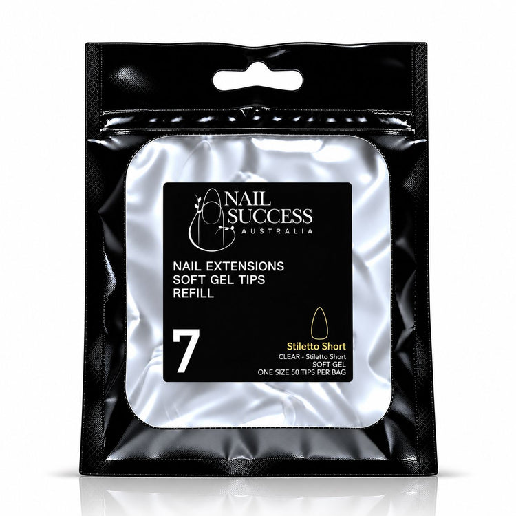 Nail Success Australia Stiletto Short soft gel tips refill pouch, size 7, 50 clear tips per bag
