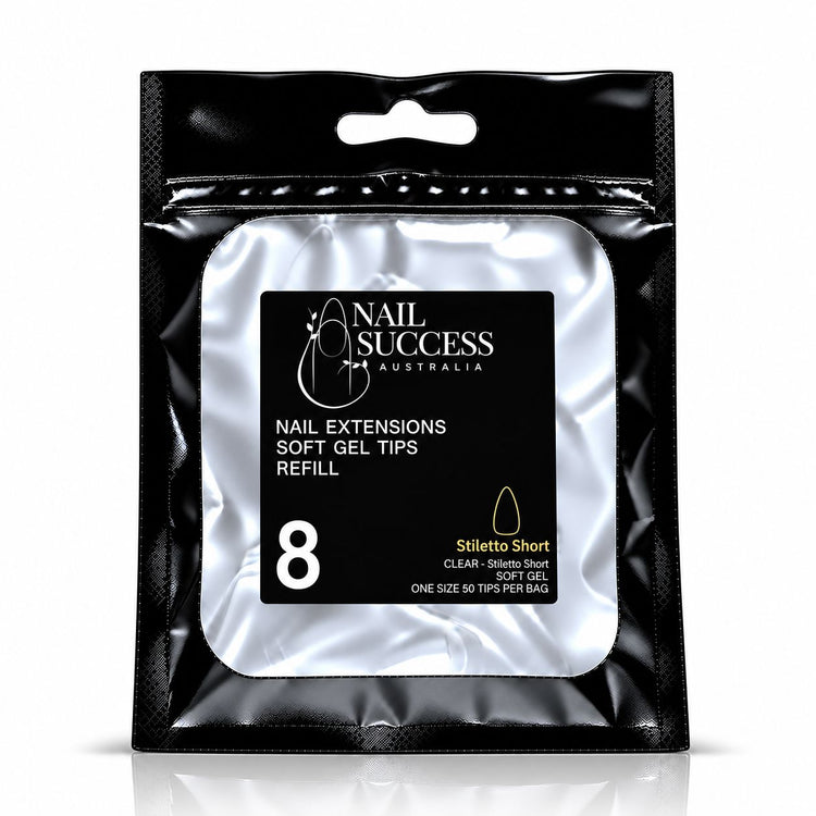Nail Success Australia Stiletto Short soft gel tips refill pouch, size 8, 50 clear tips per bag