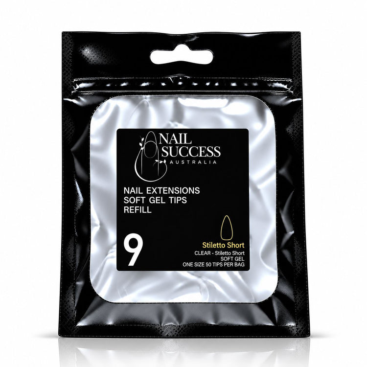 Nail Success Australia Stiletto Short soft gel tips refill pouch, size 9, 50 clear tips per bag