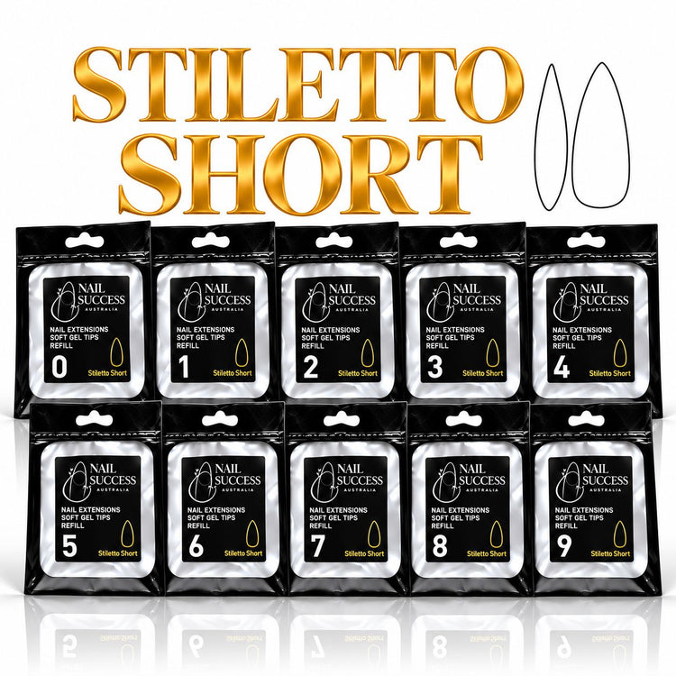 Nail Success Australia Stiletto Short soft gel tips individual refills, all 10 sizes, 0 to 9, 50 clear tips per pouch