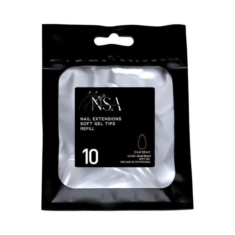 Soft gel nail tips refill pack, size 10, clear oval short tips in black retail packaging