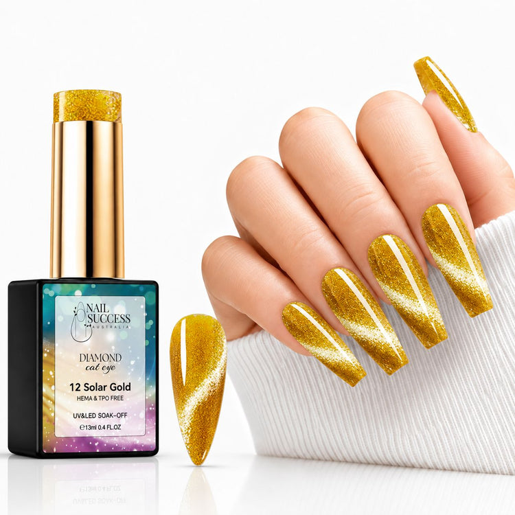 Nail Success Solar Gold 12 cat eye gel polish with matching swatch and gold glitter coffin nails featuring bright shimmer bands.

