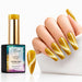 Nail Success Solar Gold 12 cat eye gel polish with matching swatch and gold glitter coffin nails featuring bright shimmer bands.
