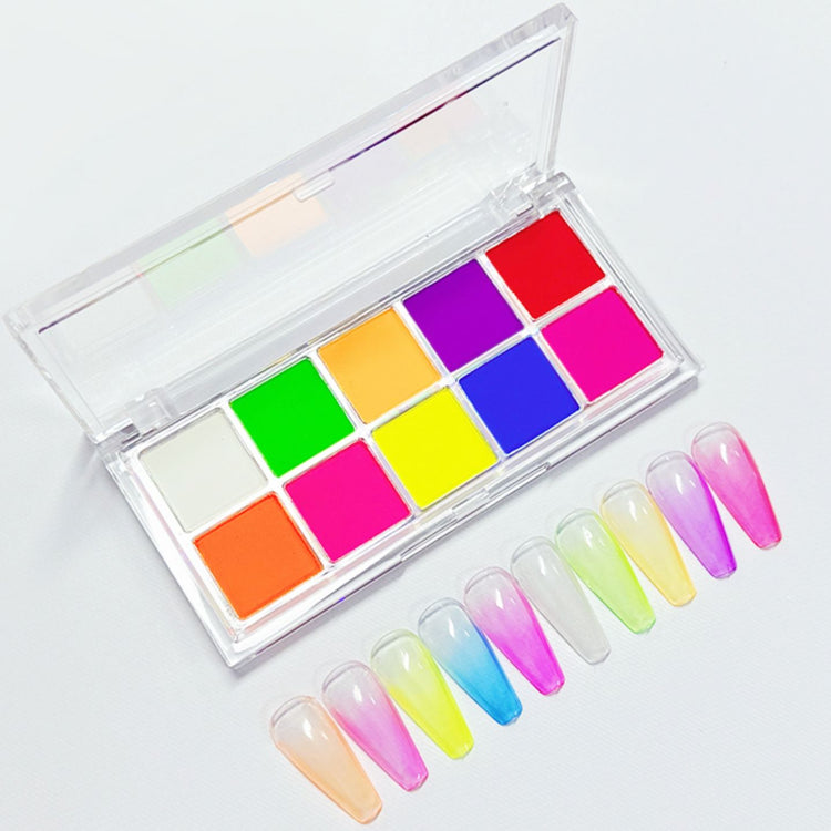 Solid gradient nail art powder set — 10-color neon pigment palette with ombré swatch tips for DIY gel or acrylic manicures