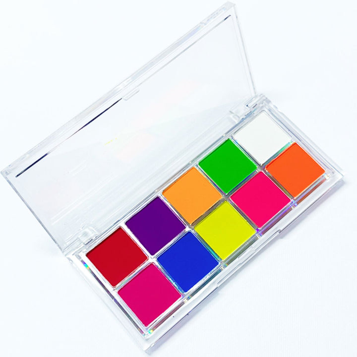 Solid gradient nail art powder set — 10-color neon pigment palette in clear case for creating ombré nails; ideal for gel or acrylic manicures