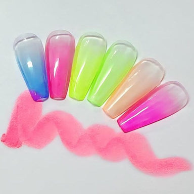 Neon ombré nail powder swatches — six clear tips showing blue, pink, lime, peach and magenta gradients from the Solid Gradient Nail Art Powder Set