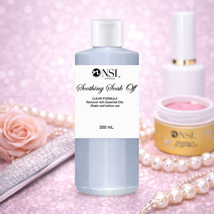 NSI Australia Soothing Soak Off gel polish remover with essential oils, clear formula, 250 mL bottle