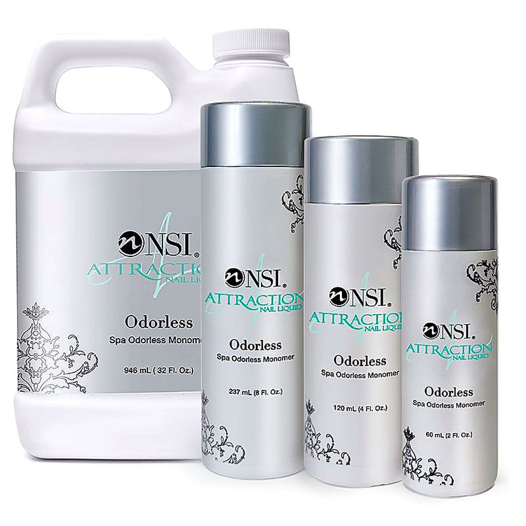 NSI Attraction Odorless Nail Liquid—spa odorless acrylic monomer set, 60 mL, 120 mL, 237 mL, 946 mL bottles