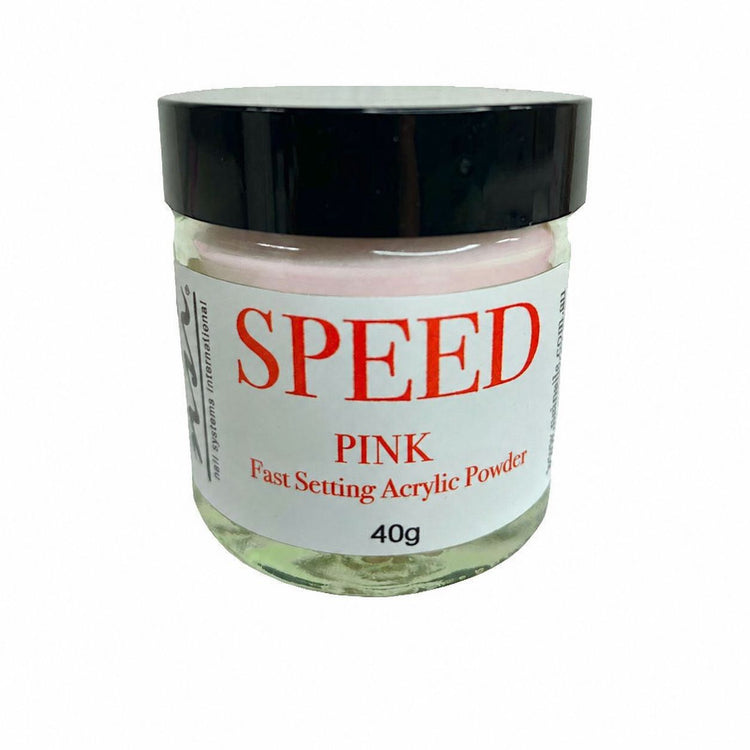 NSI Speed Pink 40g fast-setting acrylic nail powder in a clear jar with a black lid