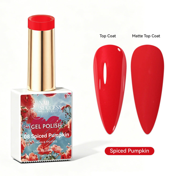 Nail Success Australia Spiced Pumpkin orange red gel polish with glossy and matte nail colour swatches
