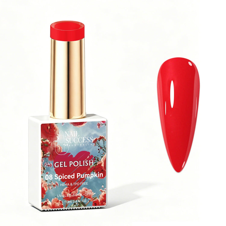 Nail Success Australia Spiced Pumpkin orange red gel polish bottle with glossy nail colour swatch